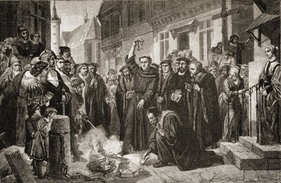 Martin Lutero (1483-1556) che brucia la bolla papale nel 1520 da English School